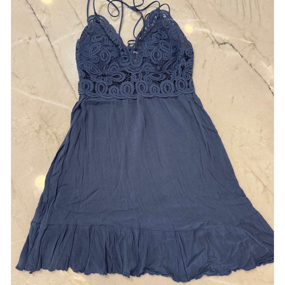 Pink Victorias Secret Blue Crochet Lace Boho Mini Babydoll Dress Fairy Small 119